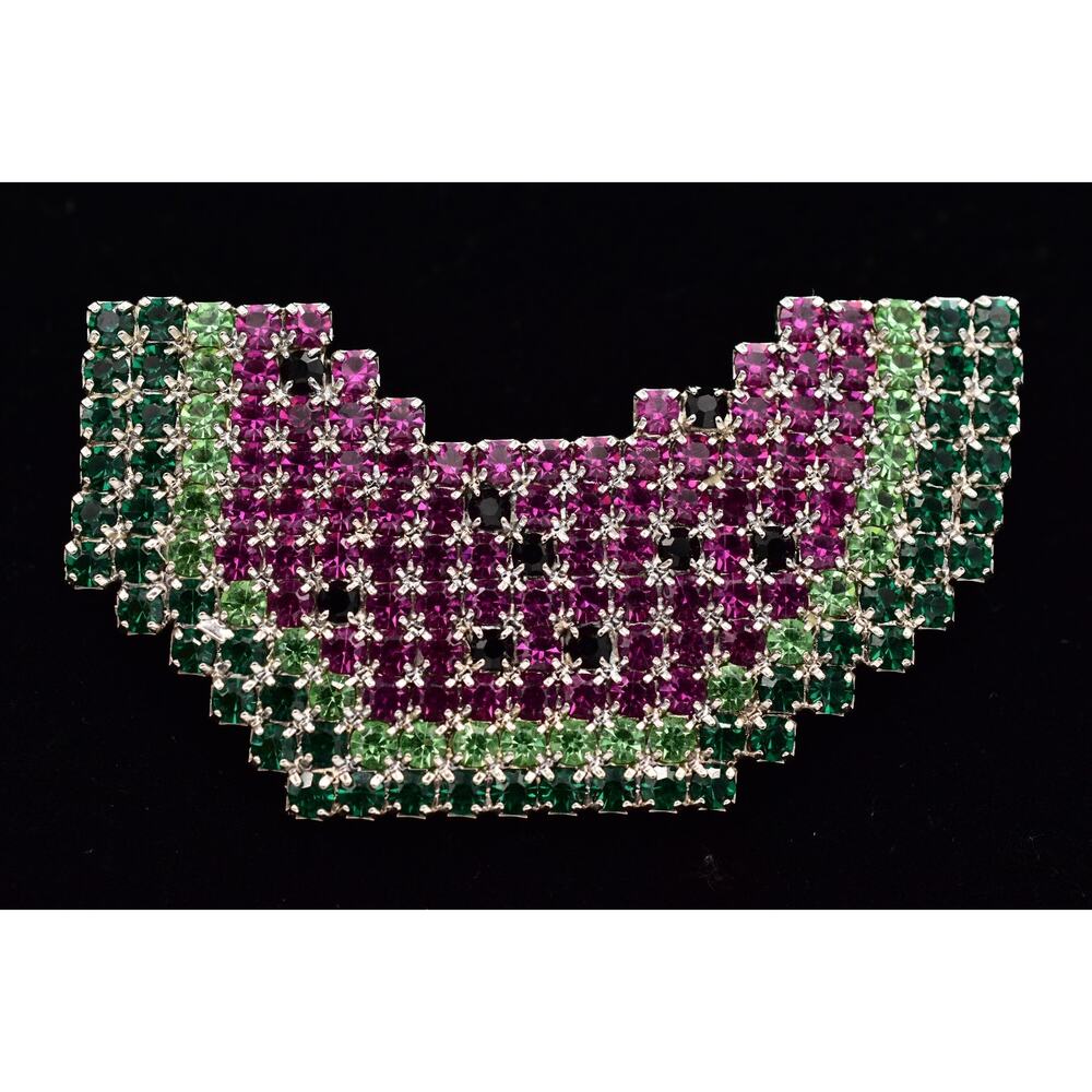 Bauer Vintage Rhinestone Bitten Watermelon Brooch Crystal Silver Signed BinBP